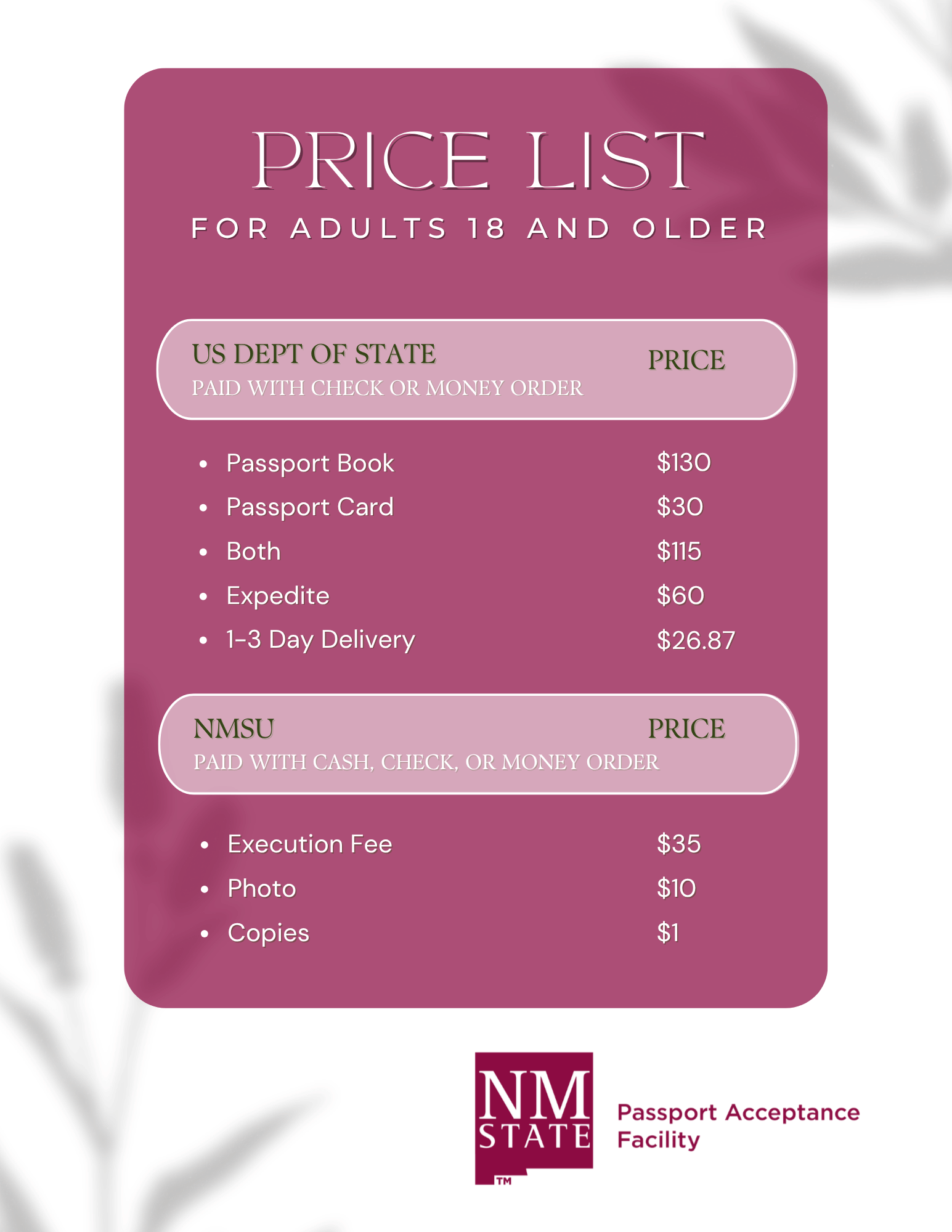 Price list for adult passport