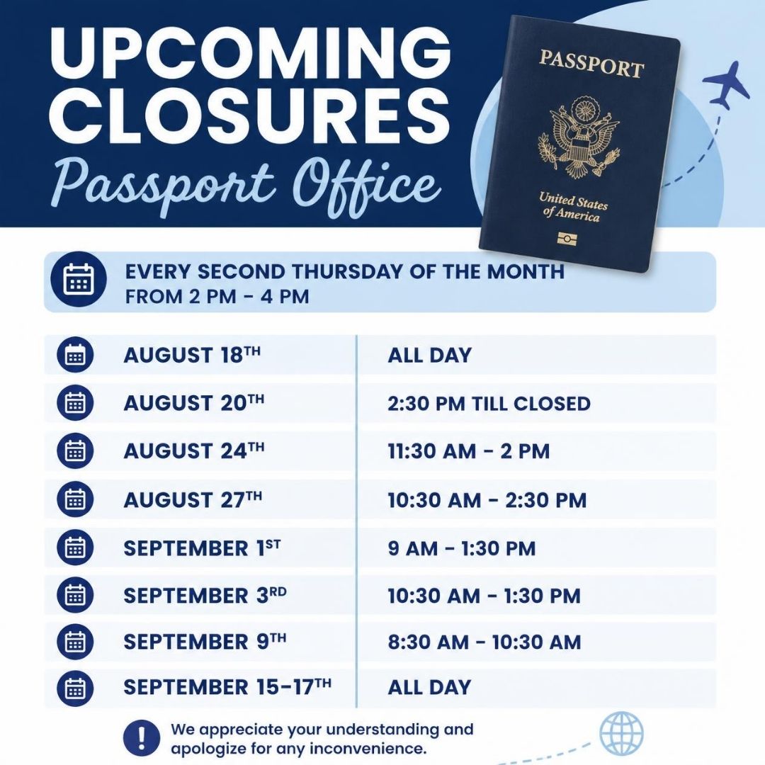Upcoming closure dates and times: EVERY SECOND THURSDAY OF THE MONTH FROM 2 PM - 4 PM, AUGUST 18TH ALL DAY, AUGUST 20TH 2:30 PM TILL CLOSED, AUGUST 24TH 11:30 AM - 2 PM, AUGUST 27TH 10:30 AM - 2:30 PM, SEPTEMBER 1ST 9 AM - 1:30 PM, SEPTEMBER 3RD 10:30 AM - 1:30 PM, SEPTEMBER 9TH 8:30 AM - 10:30, SEPTEMBER 15-17TH ALL DAY